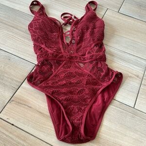 Color Play Plunge V-Neck Crochet One Piece Swimsuit by Becca